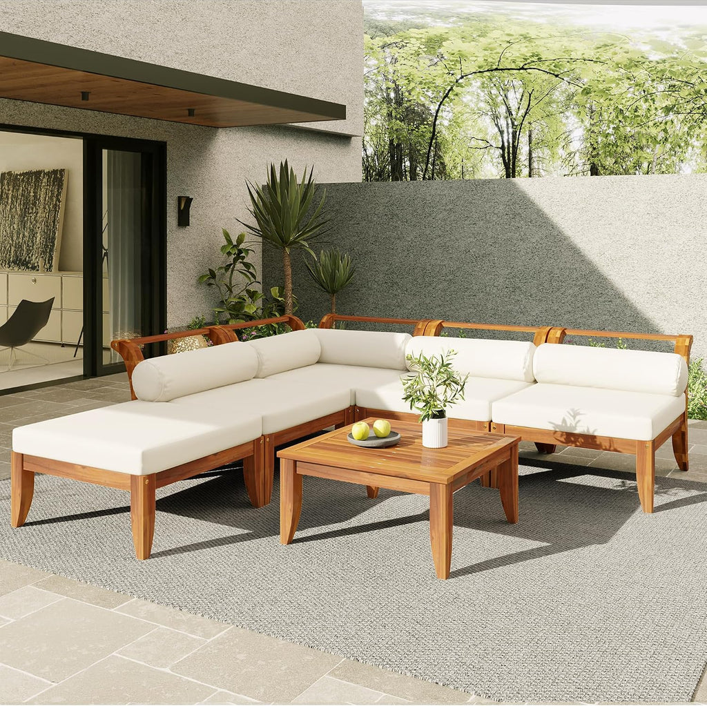 6 Piece Patio Sofa Set, Acacia Wood Outdoor Modular Sectional Garden Furniture Set, L-Shaped Conversation Set