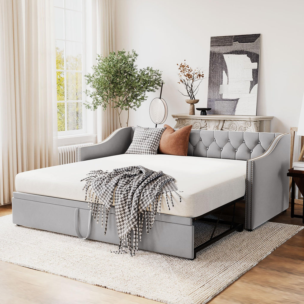 Twin Size Upholstered Daybed with Pop up Trundle, Velvet Day Bed Frame with Extendable Trundle, Twin to King