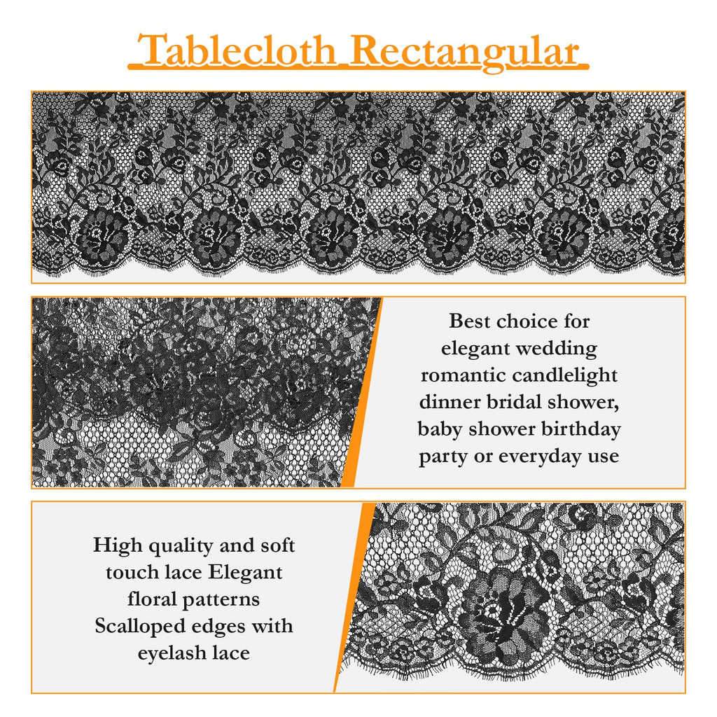 60 x 120 Inch Black Lace Tablecloth - Elegant Vintage Overlay for Rustic Boho Weddings, Bridal Showers, and Parties