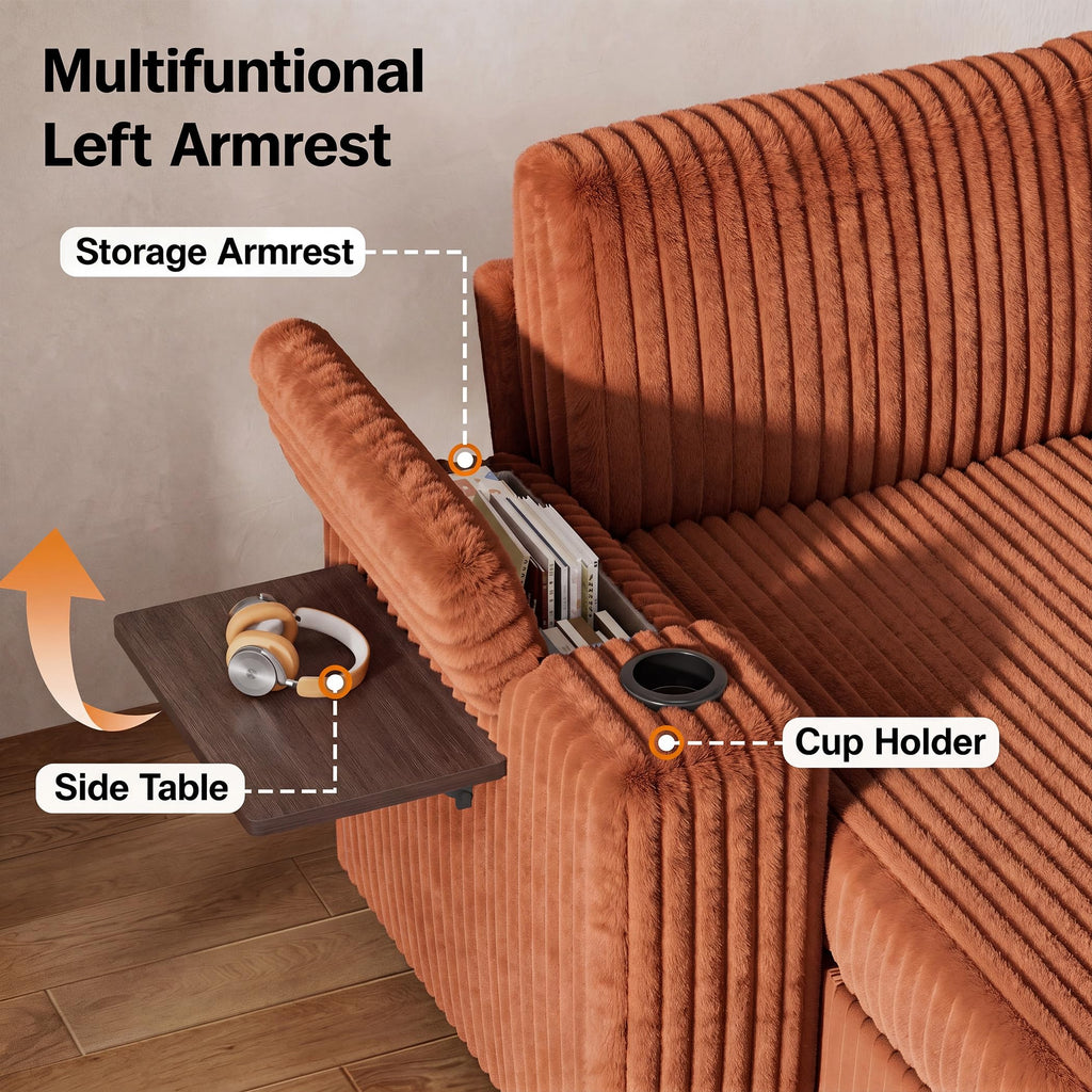 108" Modular Sectional Sleeper Sofa with Pull Out Bed, 4 Seat Plush Corduroy U Shaped Couch with USB Ports|Cup