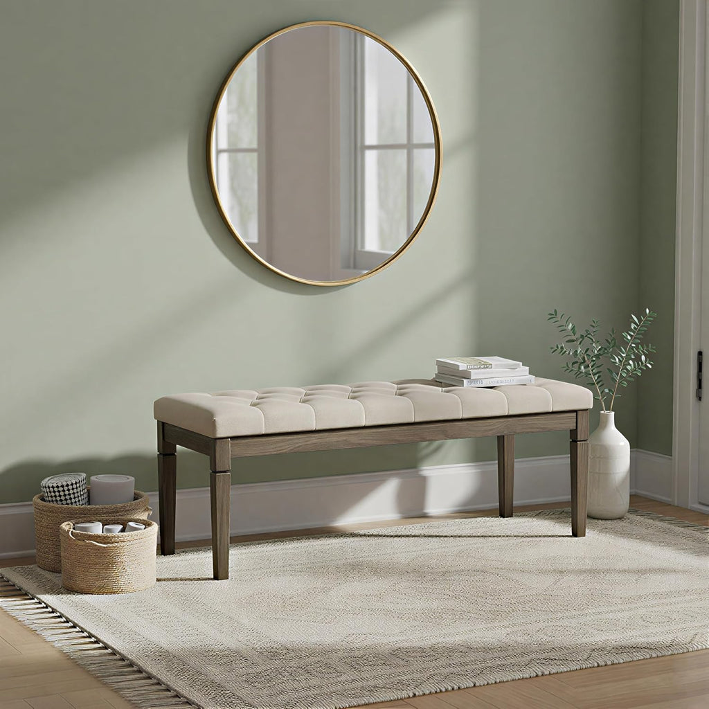 Waverly Tufted Ottoman Bench - 48 inch Wide Upholstered Linen Look Fabric Rectangle Footstool Ottoman in Wheat Beige