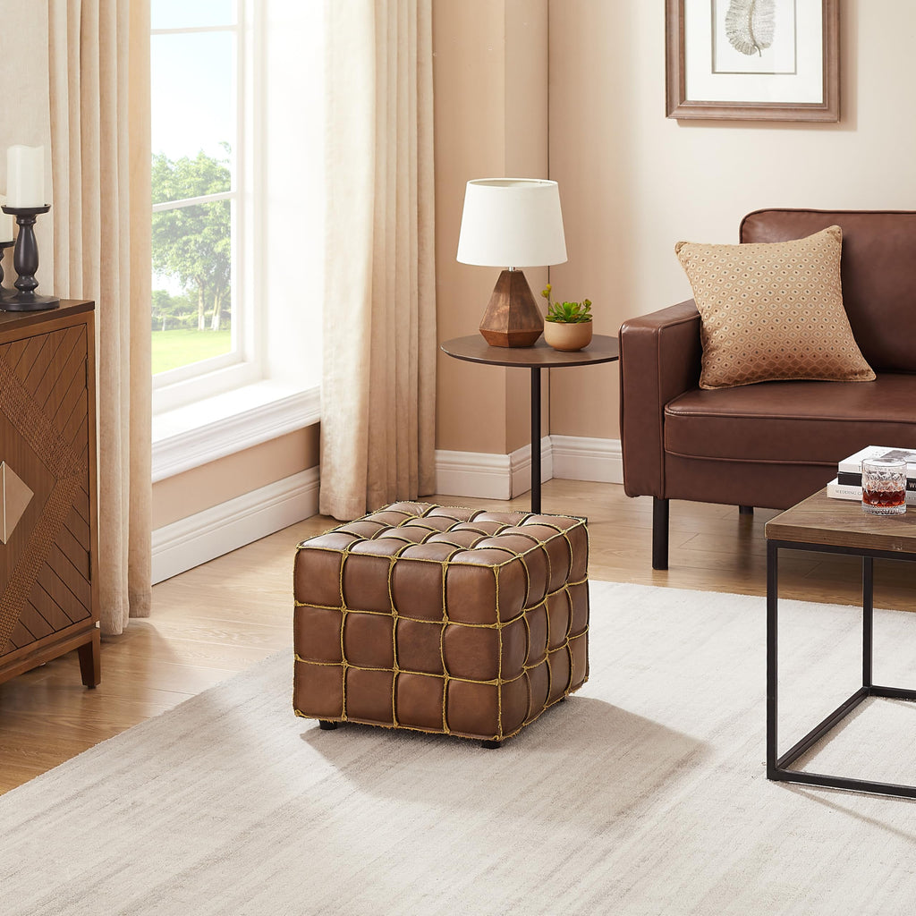 Tufted Square Ottoman Leather Footstool Modern Foot Rest Cognac