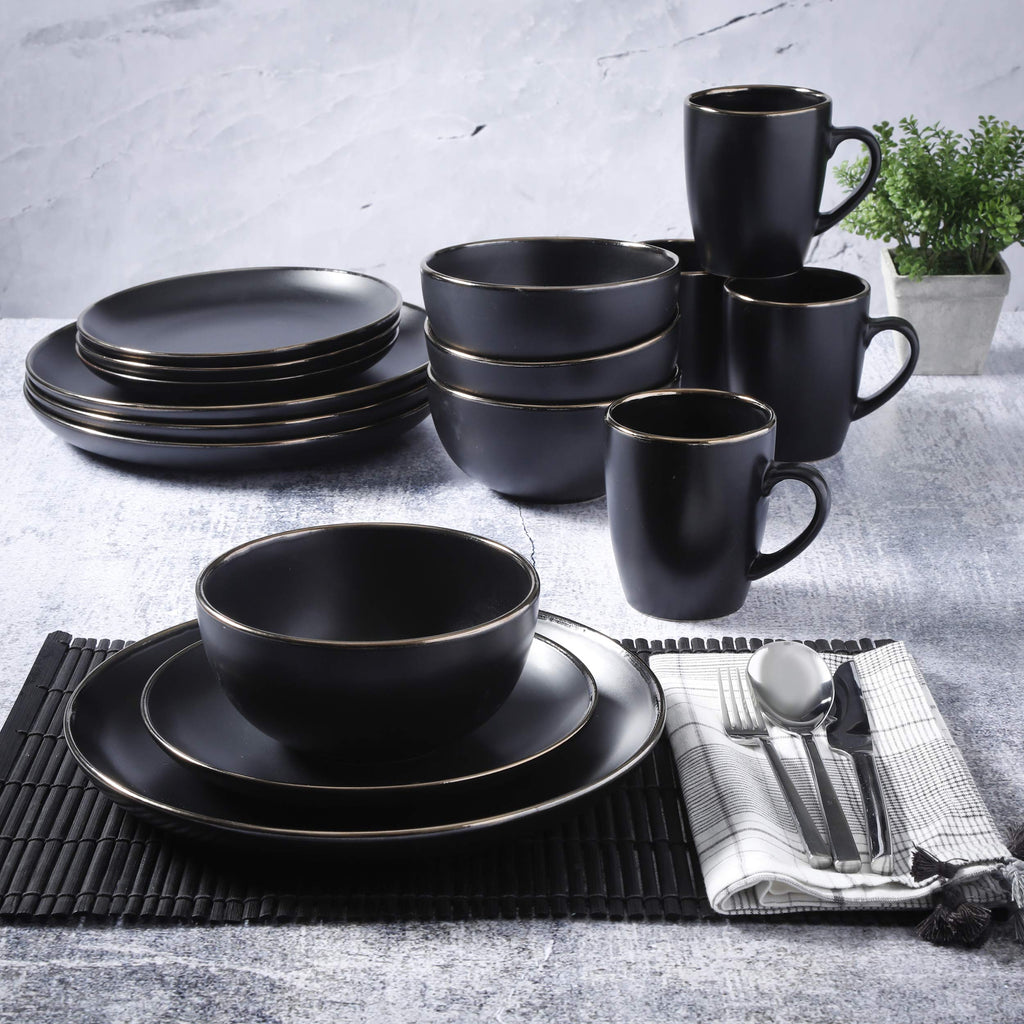 Rockaway 16-Piece Round Stoneware Dinnerware Set, Service for 4 - Black with Gold Rim Plates and Bowls