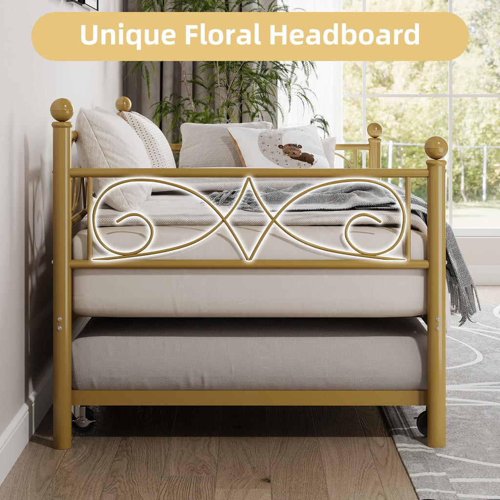Daybed with Trundle Bed, Twin Size Day Bed with Floral Headboard, Metal Sofa Bed Frame with Pull-Out Trundle, Heavy