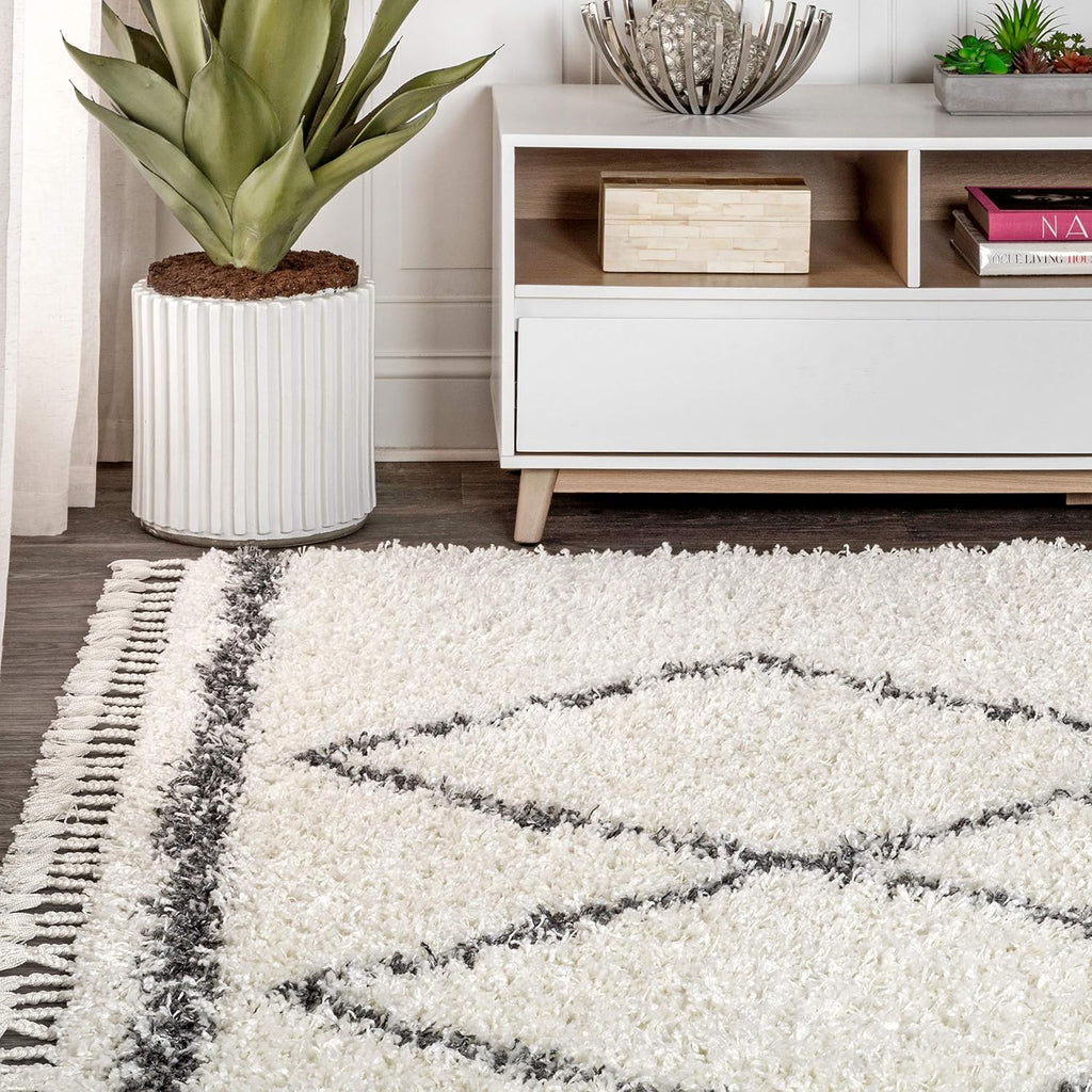 Mercer Shag Plush Tassel Cream/Gray Indoor Area Rug, Moroccan Geometric Trellis, Bohemian, Easy-Cleaning, Pet