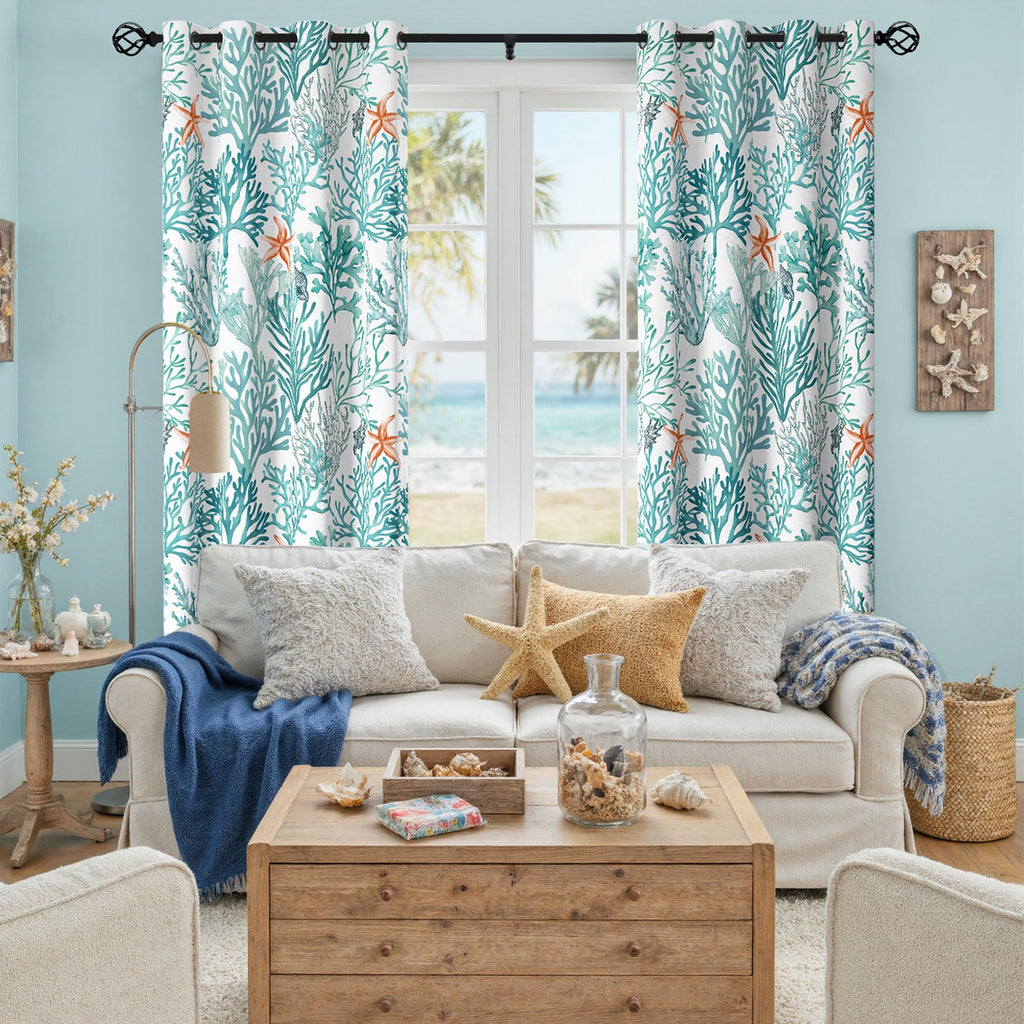 Coastal Beach Curtains 2 Panels Set Nautical Ocean Patterned Themed Thermal Insulating 50% Light Blocking Room