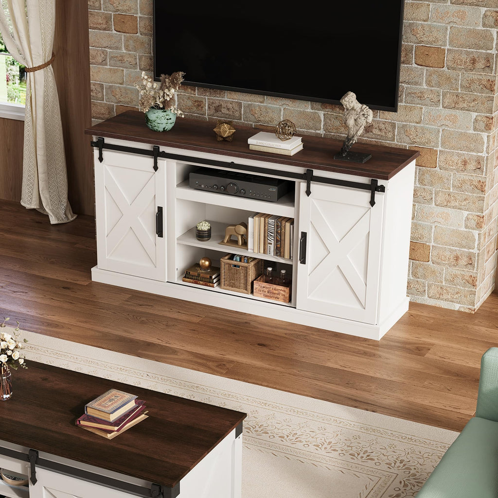 Farmhouse TV Stand for 65 Inch TV, Sliding Barn Doors, White