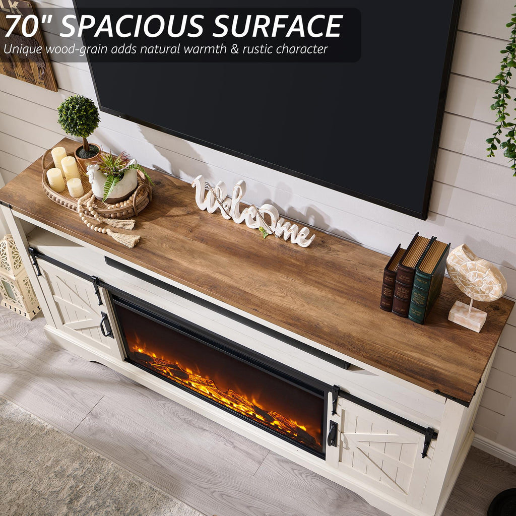 70" Farmhouse TV Stand with 36" Electirc Fireplace, Antique White