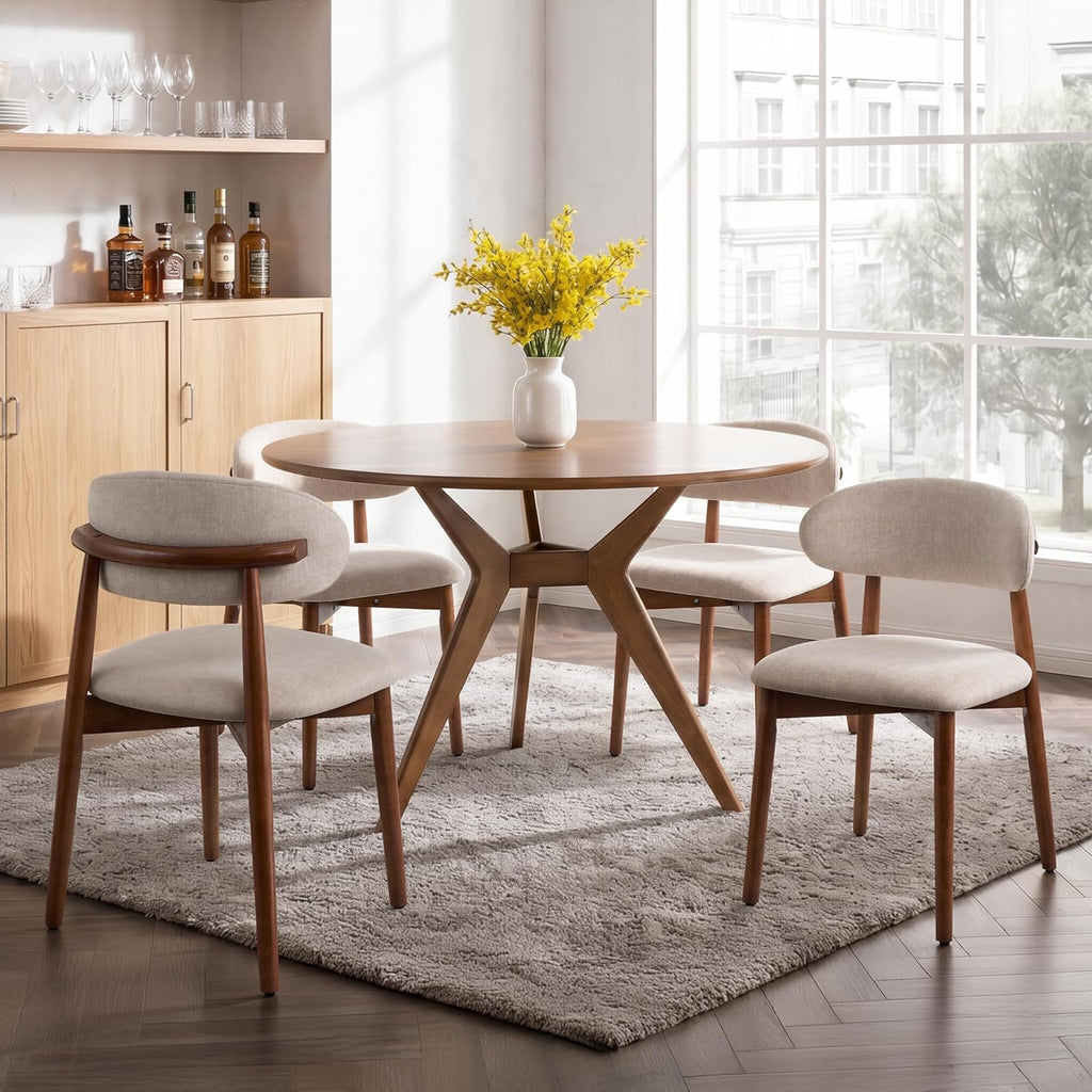 Wooden Dining Chairs Set of 6, Farmhouse Upholstered Fabric Kitchen Chairs, Mid-Century Modern Dining Room Chairs