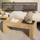Modern Rustic Wood Coffee Table with Thick Legs, Rectangular Living Room Center Table, Natural Finish Design