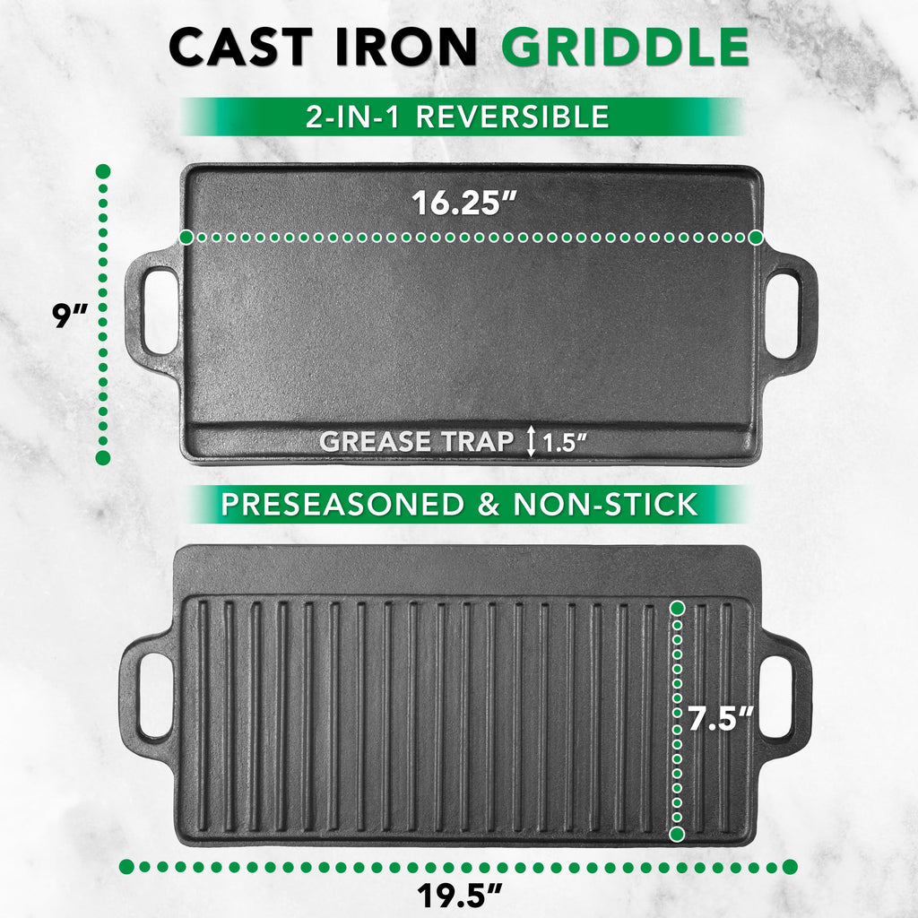 2-in-1 Reversible 19.5" x 9" Cast Iron Griddle with Handles, Preseasoned & Non-Stick for Gas Stovetop, Oven and Open