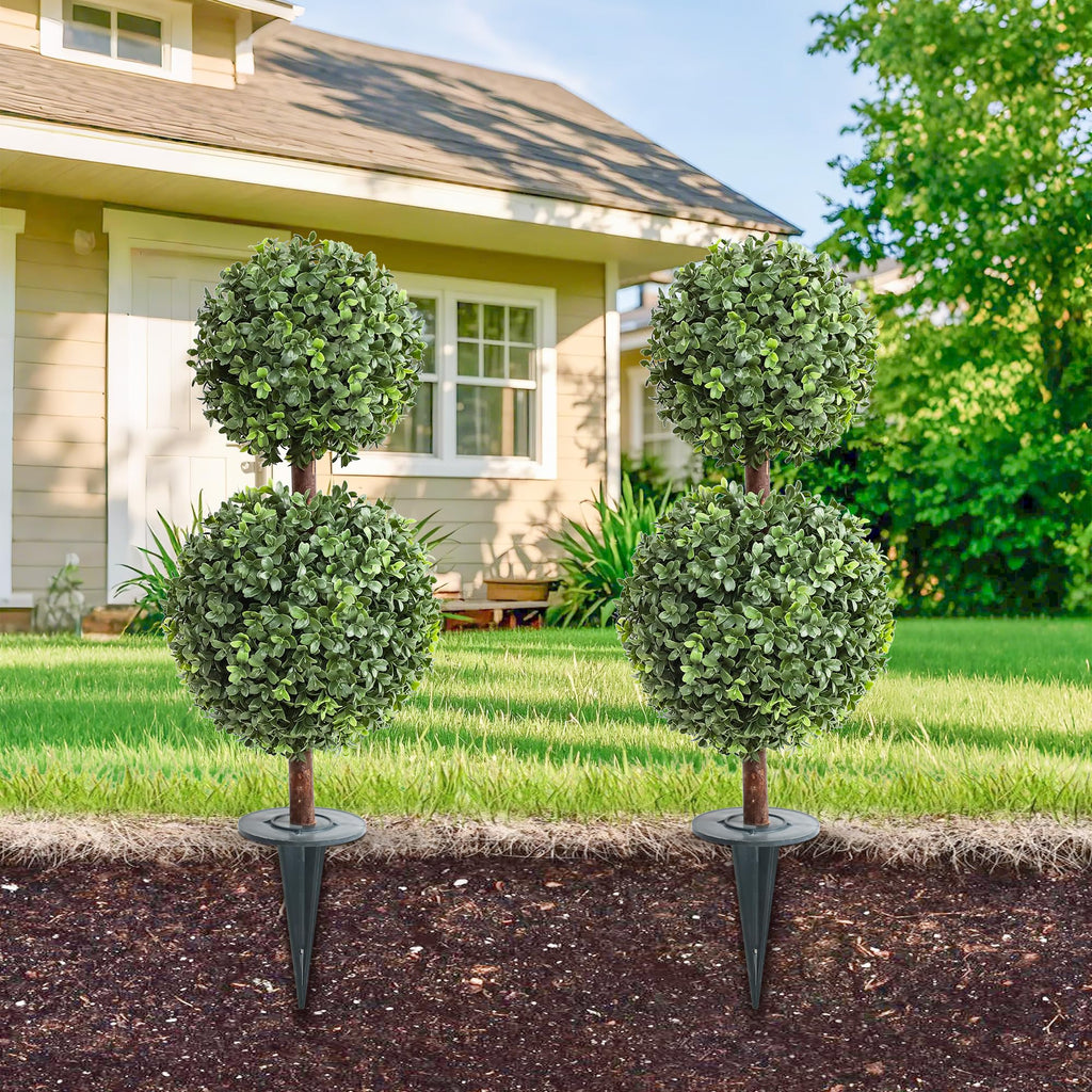 Artificial Topiary Double Ball Small Trees with Ground Spike 27 Inch Tall for Outdoor/Indoor [2 Pack] 2 Ft Faux