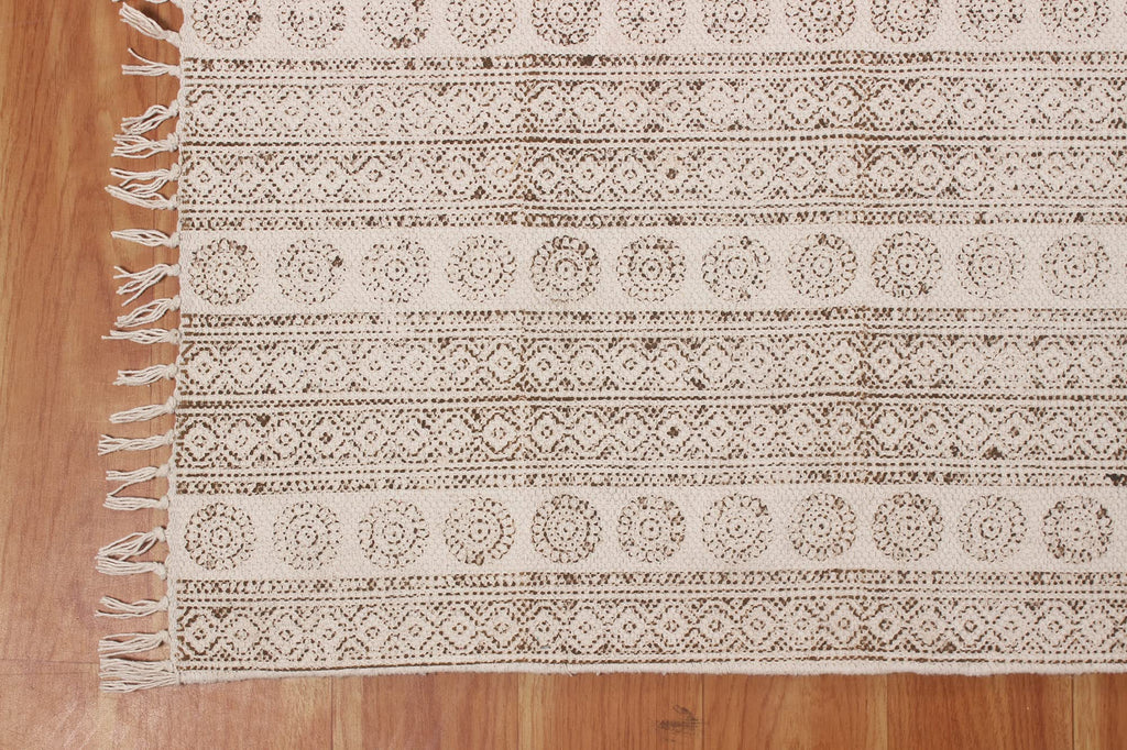 Area Rug 3x5 Kilim Rug Brown & Beige Cotton Dhurrie Geometric Design 0.19 inches Stone Easy Washable Rug Hand Wash