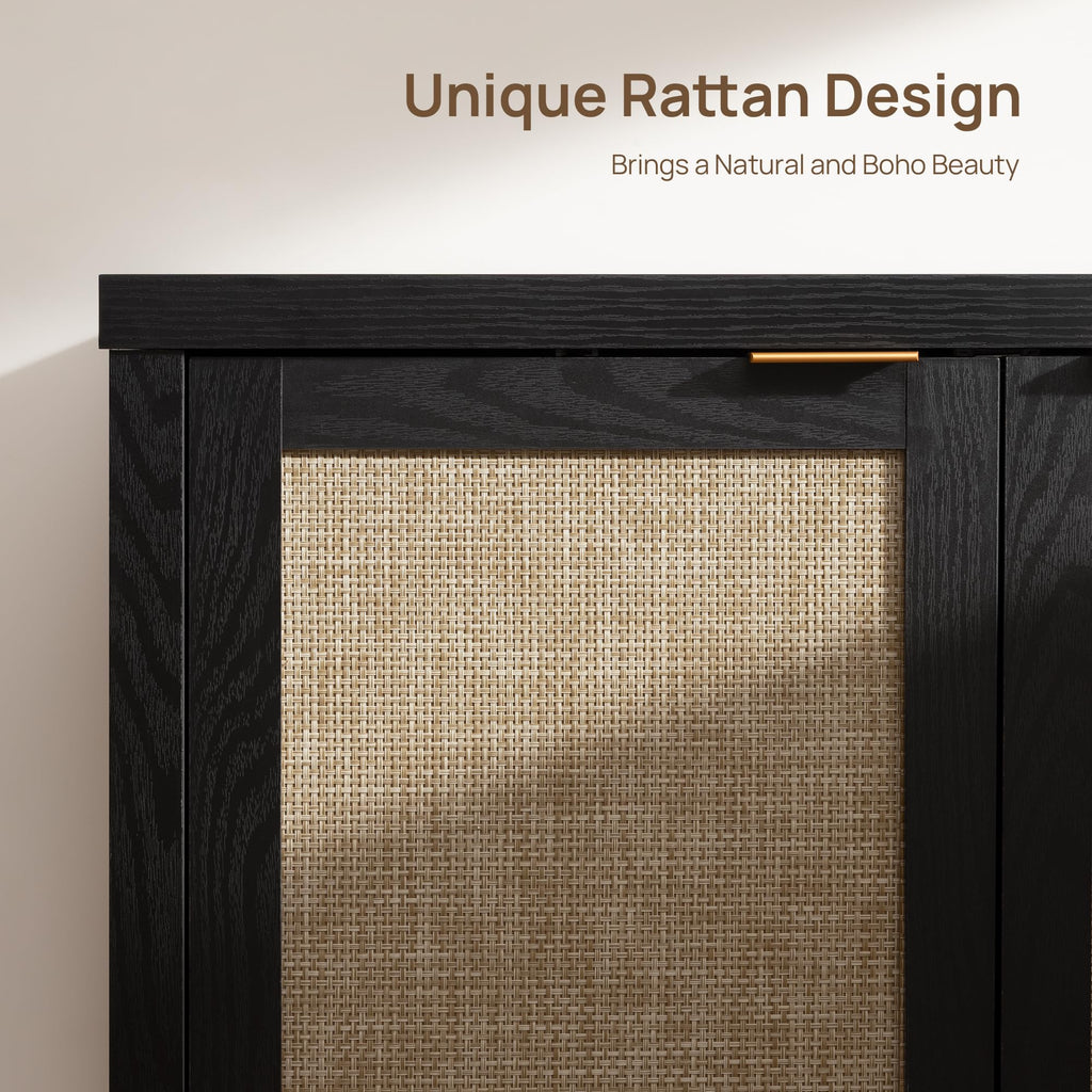 Rattan Black Sideboard Buffet Storage Cabinet with Large Storage