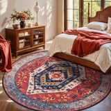 Boho Round Area Rug, 8ft Washable Non-Slip Circle Rug, Ultra Soft Large Oriental Vintage Rust Low-Pi