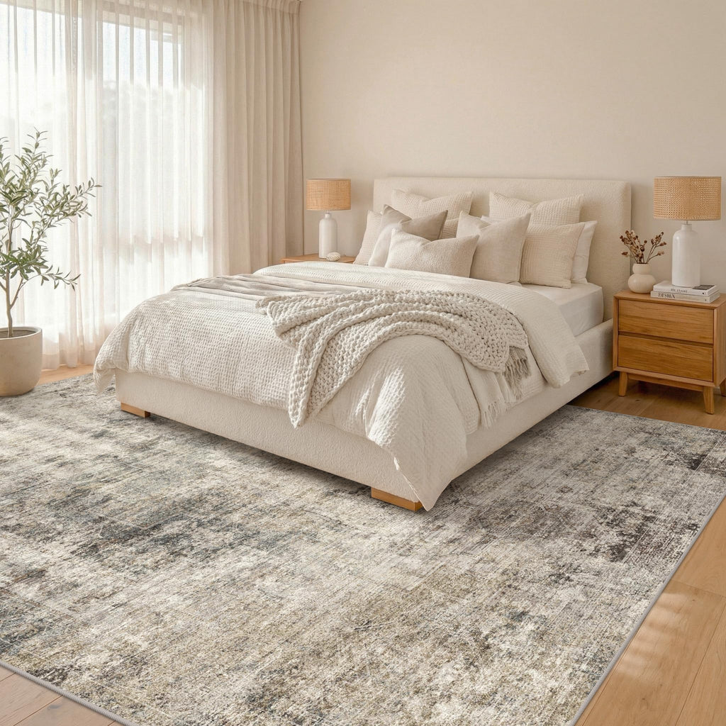 Farmhouse 8x10 Washable Area Rugs, Neutral Taupe Brown Abstract Rug, Soft Foldable Low Pile Carpet, Stain Resistant