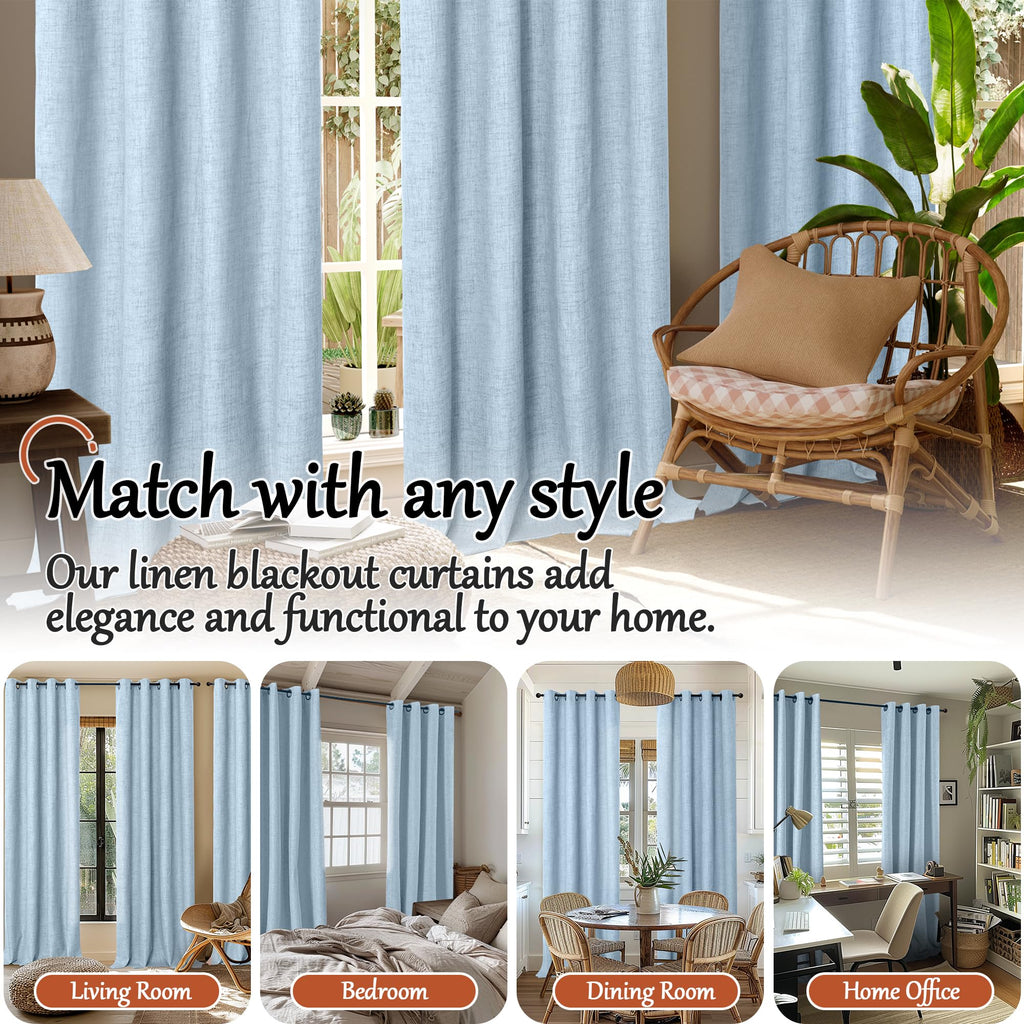 Baby Blue Linen Blackout Curtains - 52x84 Inch 2 Panels