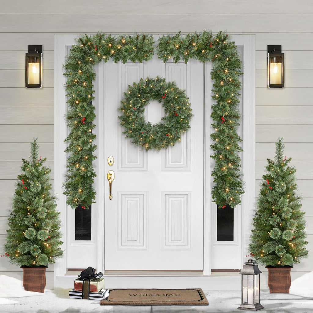 International 5-Piece Pre-Lit Artificial Christmas Décor Set Featuring 2 Trees, 1 Wreath, and 2 Garland