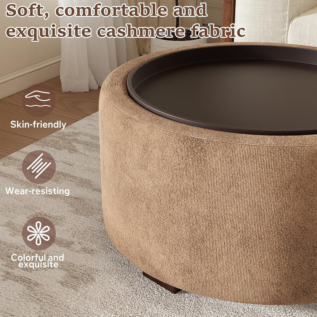 30" Round Ottoman with Storage Circular Coffee Table with Removable Wood Top and Solid Wood Legs Modern Upholstered