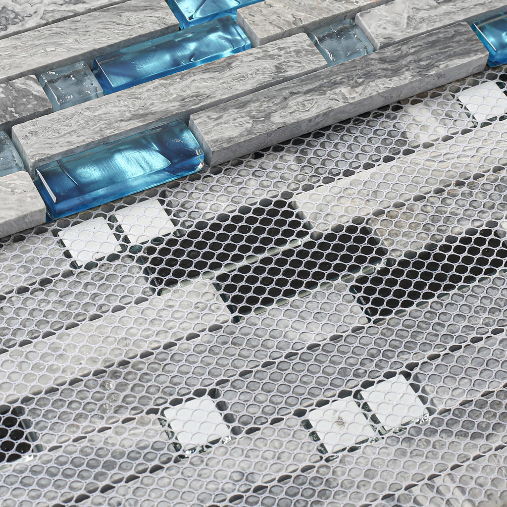 Gray Marble Tile Backsplash 12 in. x 12 in. x 8 mm Teal Blue Glass Mosaic Bathroom Shower Wall Linear Tiles (Pack of