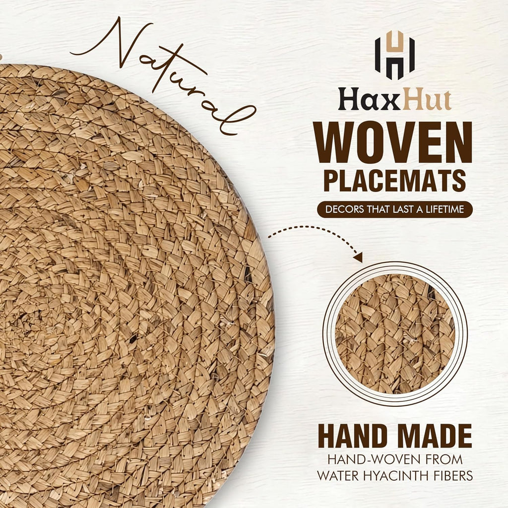 13.5" Woven Placemats, Round Rattan Placemats Set of 6, Natural Wicker Chargers for Dinner Plates, Heat Resistant
