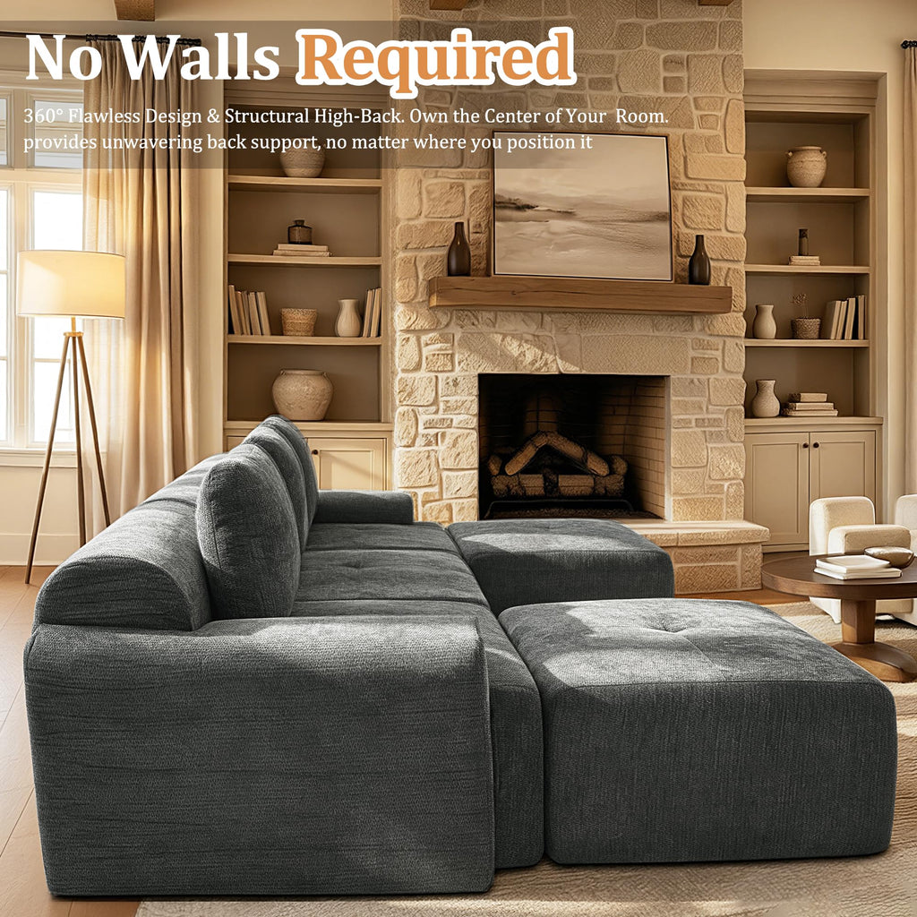 122" U Shaped Boneless Couch, Comfort Cloud Sectional Couches, Modular Sofa High Back & Extra Deep Seat, No