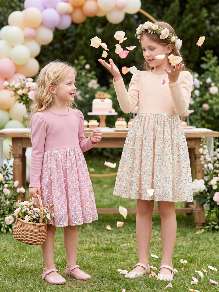 Girls Sequin A-Line Long Sleeve Dress for Birthday Party