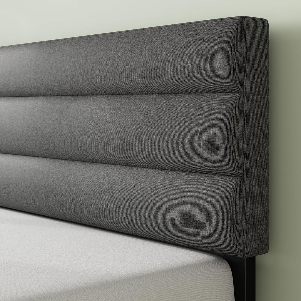Full Piper Upholstered Platform Bed with Horizontal Paneled Headboard, Wooden Slat Support, No Box Spring Needed