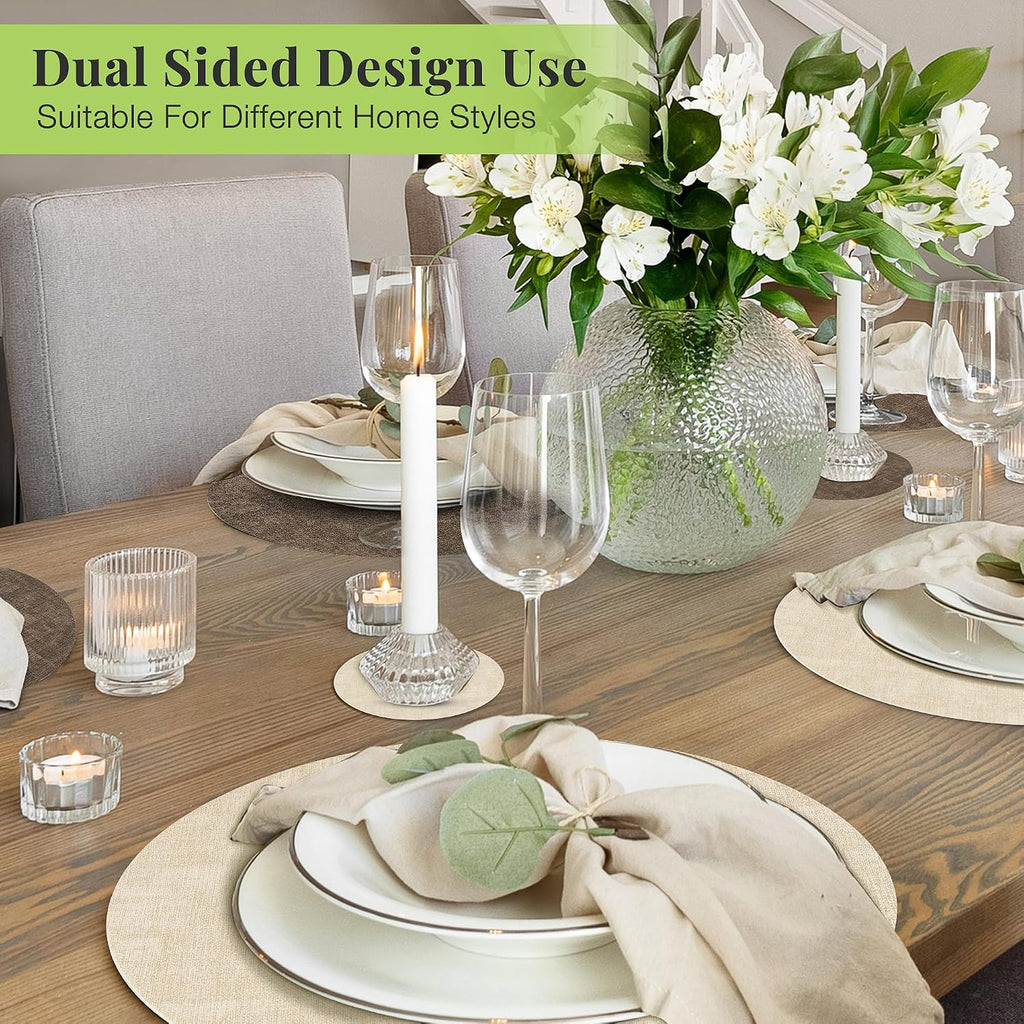 Placemats, 13" Round Reversible Faux Leather with Coasters - Set of 8