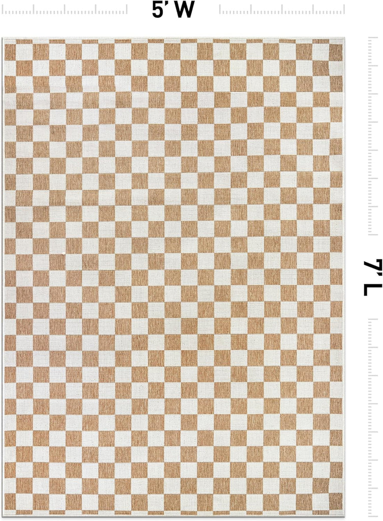 Indoor/Outdoor Checkered Weather Resistant Area Rug Natural