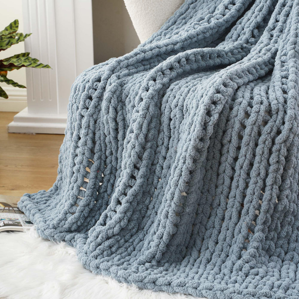 Blue Chunky Knit Throw Blanket for Couch, 50"x60"