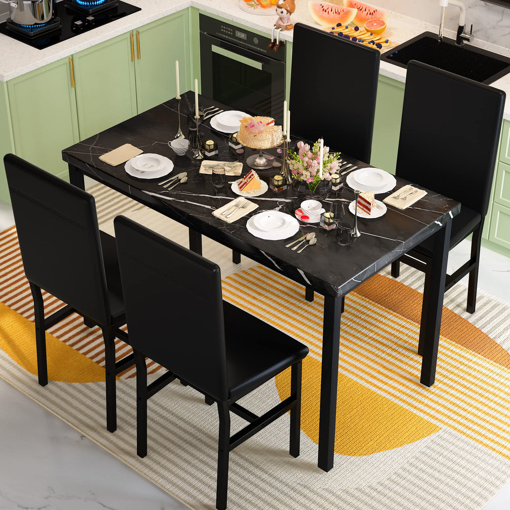 Dining Table Set for 4, Kitchen Table and Chairs Set with Faux Marble Tabletop & 4 Leather Upholstered Chairs Dining