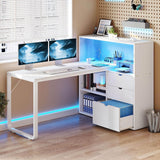 L Shaped Desk with Drawers, 55" Corner Computer Desk with Bookshelf & Power Outlets & LED Lights