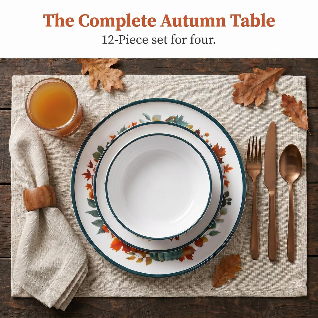 12-Piece Melamine Dinnerware Set for 4, Fall Pumpkin Plates and Bowls