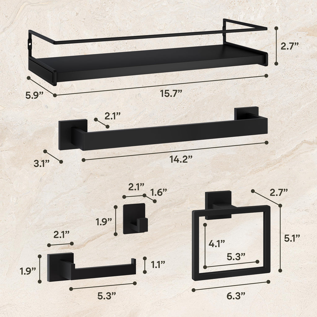 Black Bathroom Hardware Set, 4-Piece + 15.7" Shelf & Adhesive Robe Hook