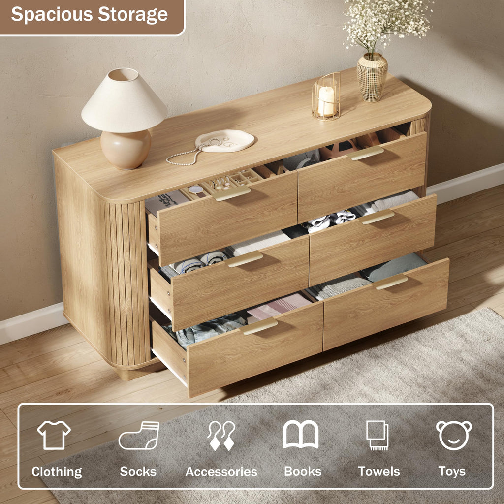 6 Drawer Dresser, 47'' Wide Chest of Drawers, Natural Oak