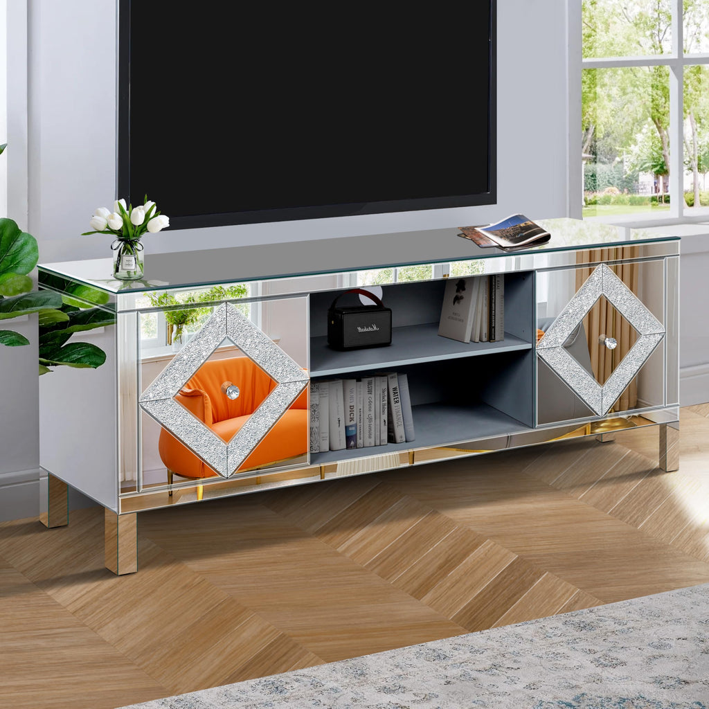 59" Mirrored TV Stand with Open Storage & 2 Storage Cabinets, Luxury Mirror Entertainment Center with Diamond