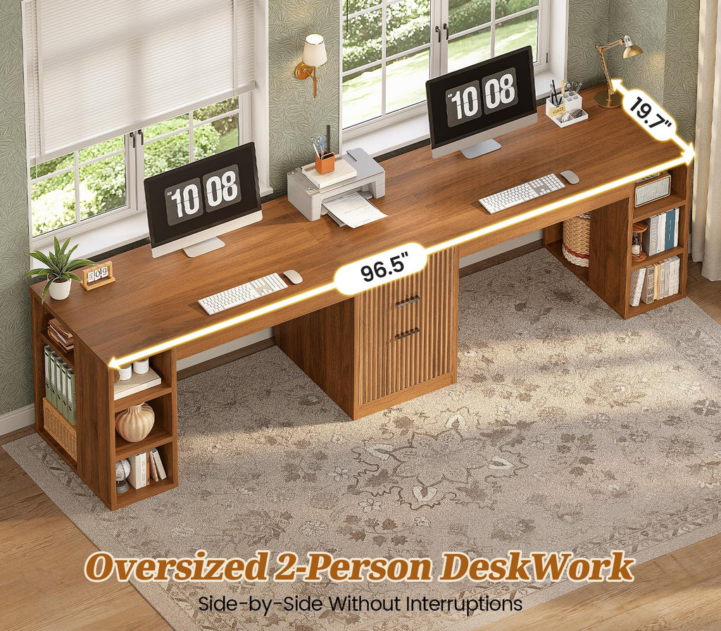 Fluted 96.5" 2 Person Computer Desk with Storage Drawers