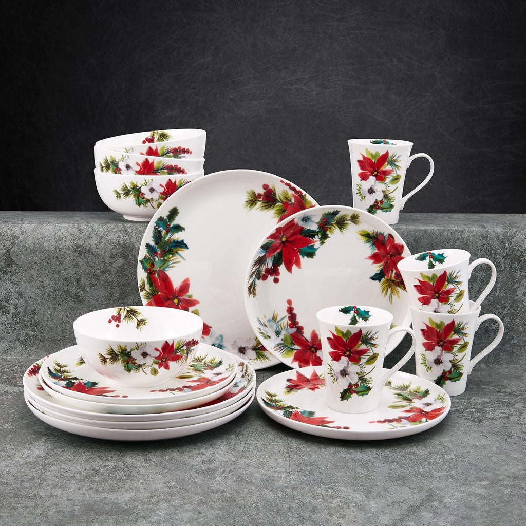 Hope Joy Holiday Poinsettia Bone China Lightweight Chip Resistant 16 Piece Dinnerware Set, Service for 4, Multicolor