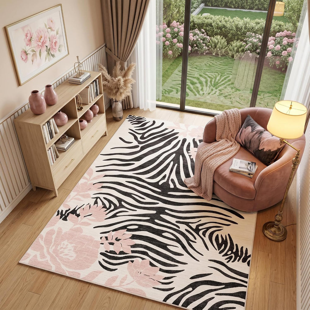 5x7 Black and Blush Pink Zebra Stripe Floral Pattern Area Rug