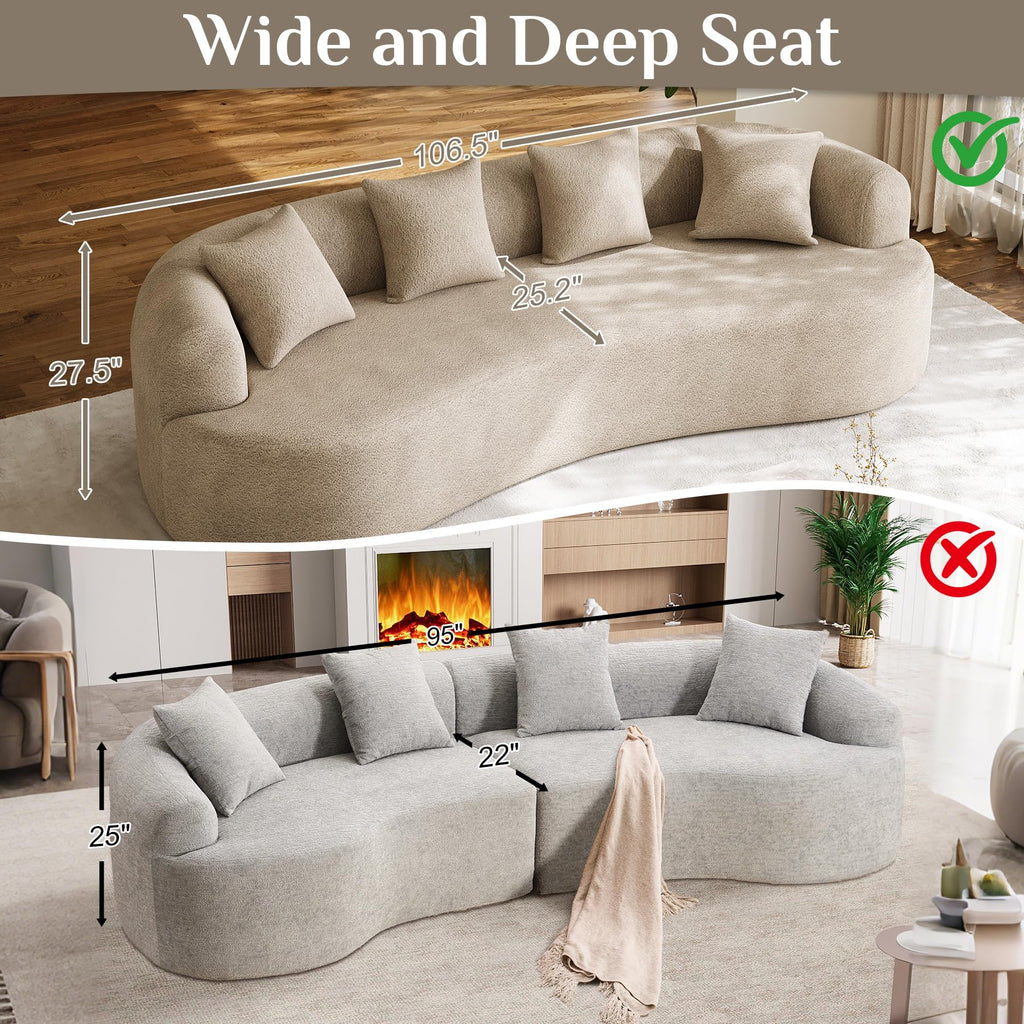 Modern Curved Couch, Oversized 4 Seater Boneless Chenille, Light Brown