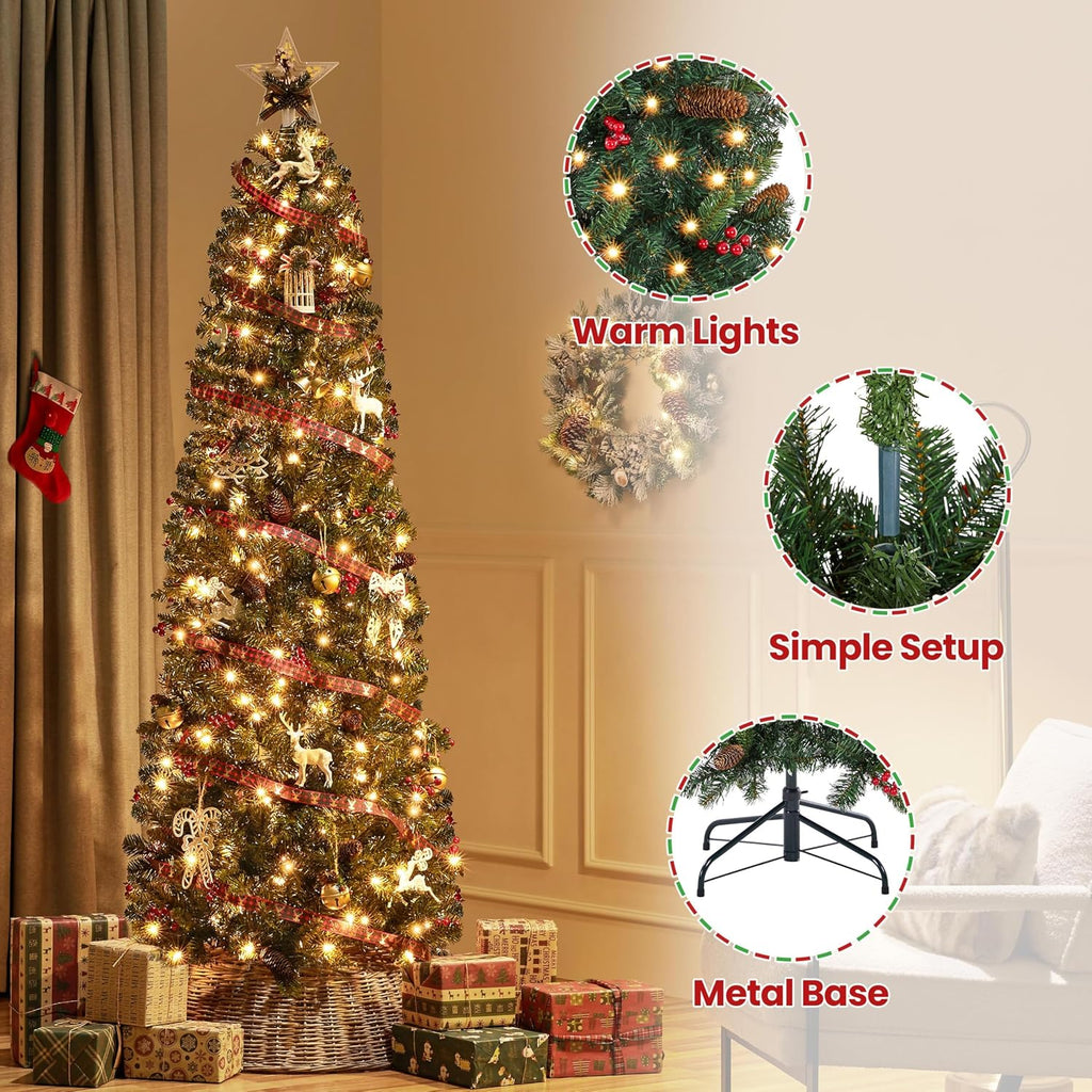 7.5ft Pre-lit Pencil Spruce Christmas Tree, Artificial Slim Xmas Fir, Pre-Decorated , Party, Holiday Decor W/ 948