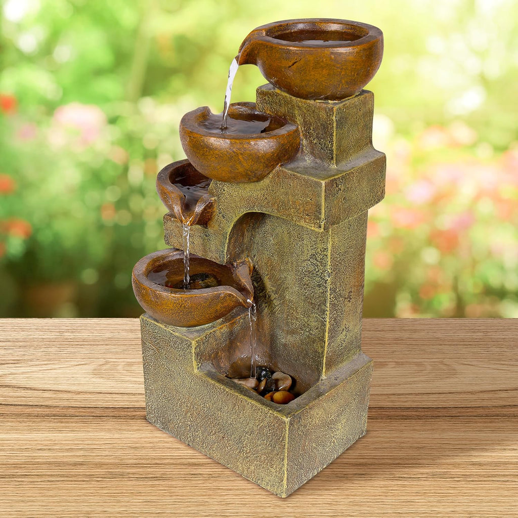 16"H Tabletop Tiered Pouring Pots Waterfall Fountain - Natural Stone-Look Finish Adds Rustic Charm - Brown