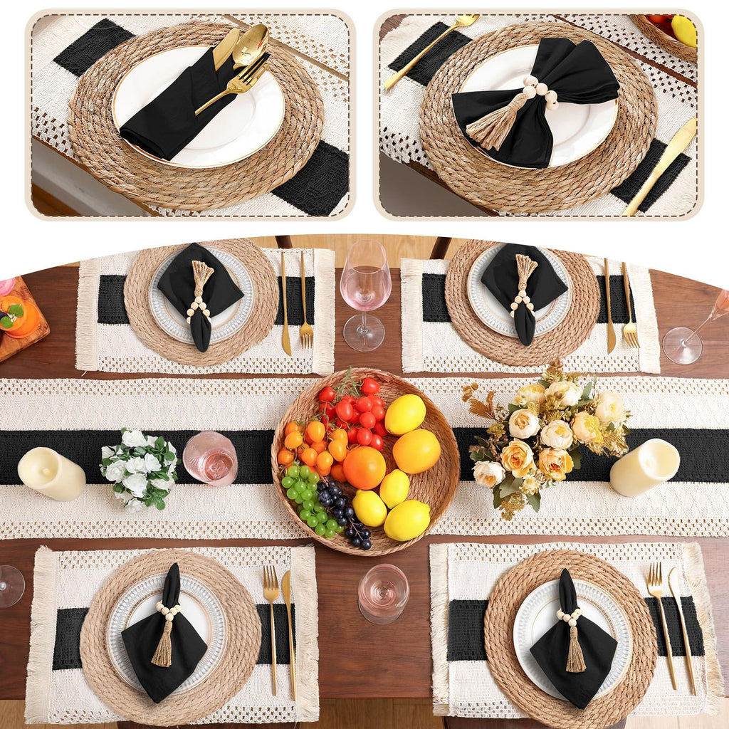 6 Sets Boho Table Runner and Woven Round Placemats Set, Black, 12x72