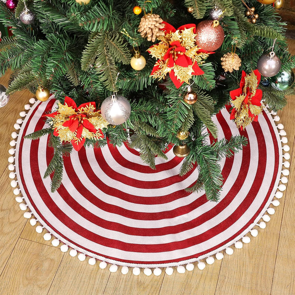 Christmas Tree Skirt, 30'' Red White Rings Stripes with Pom Pom Trim
