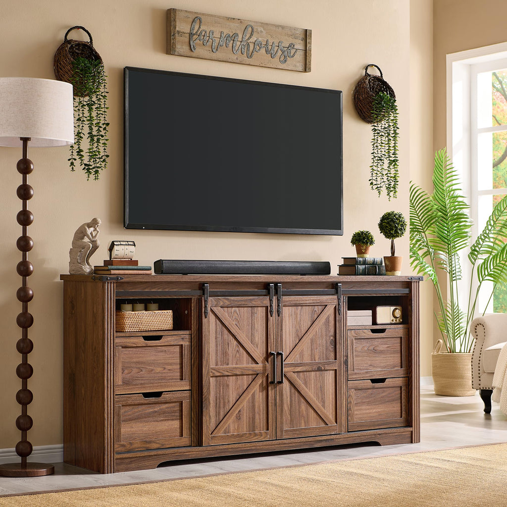 Farmhouse for 80 Inch TV, 32" Tall Entertainment Center w/Drawer & Sliding Barn Door, 70 Inch Highboy Media Console