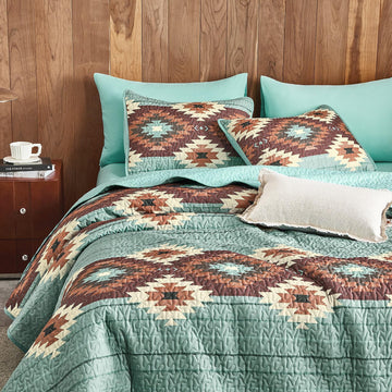 Quilt Set, Aztec Southwestern Rustic Farmhouse Country Cabin with Geometric Pattern, Reversible Lightweight Bedspread