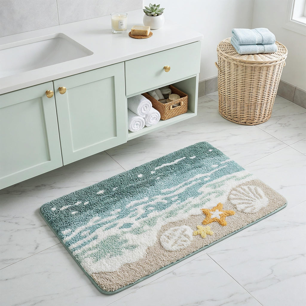 Bathroom Rug, Soft and Absorbent Microfiber Polyester Tufted Floor Mat, Non-Slip, Machine Washable, Cute Ocean and
