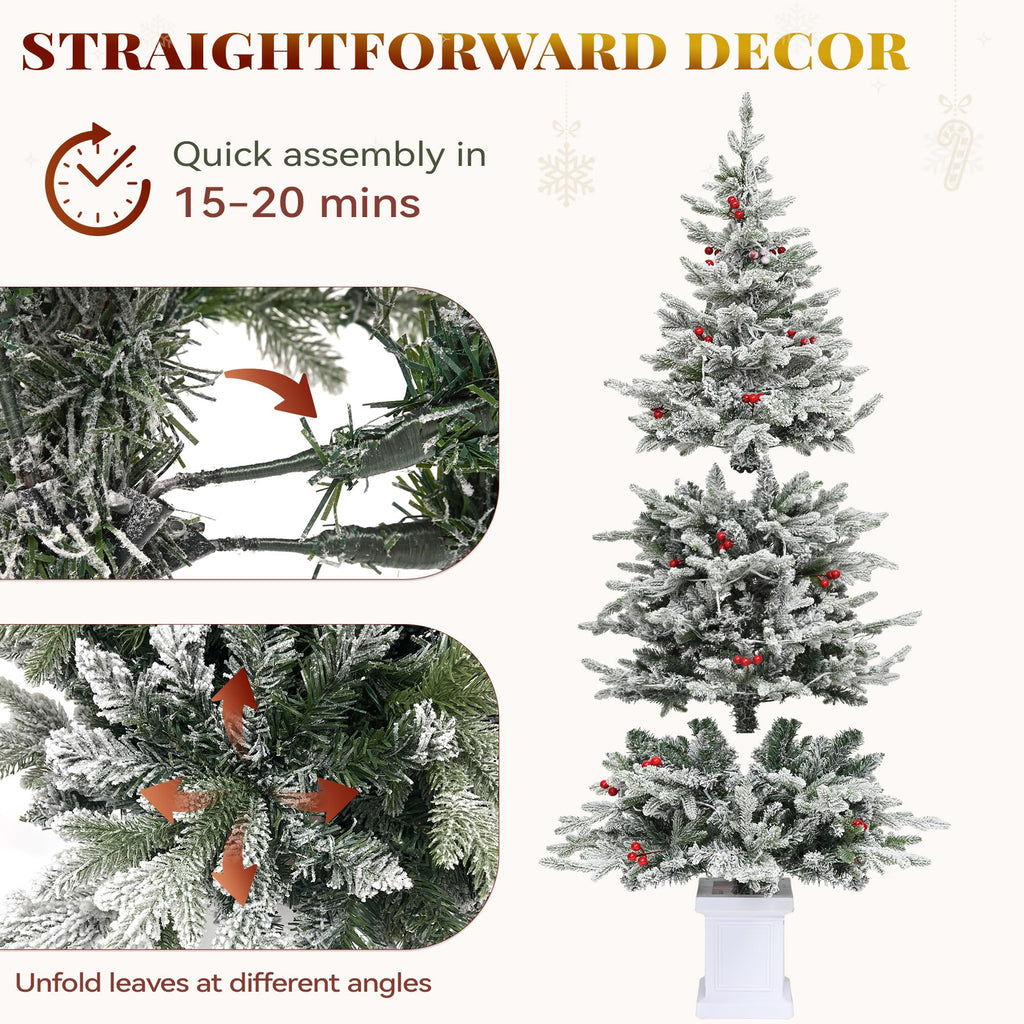 Potted Pre-Lit Flocked Arctic Fir Pencil Tree, 6 ft Slim Christmas Tree with 15 Pre-Decorated Red Berries, 520 PE &