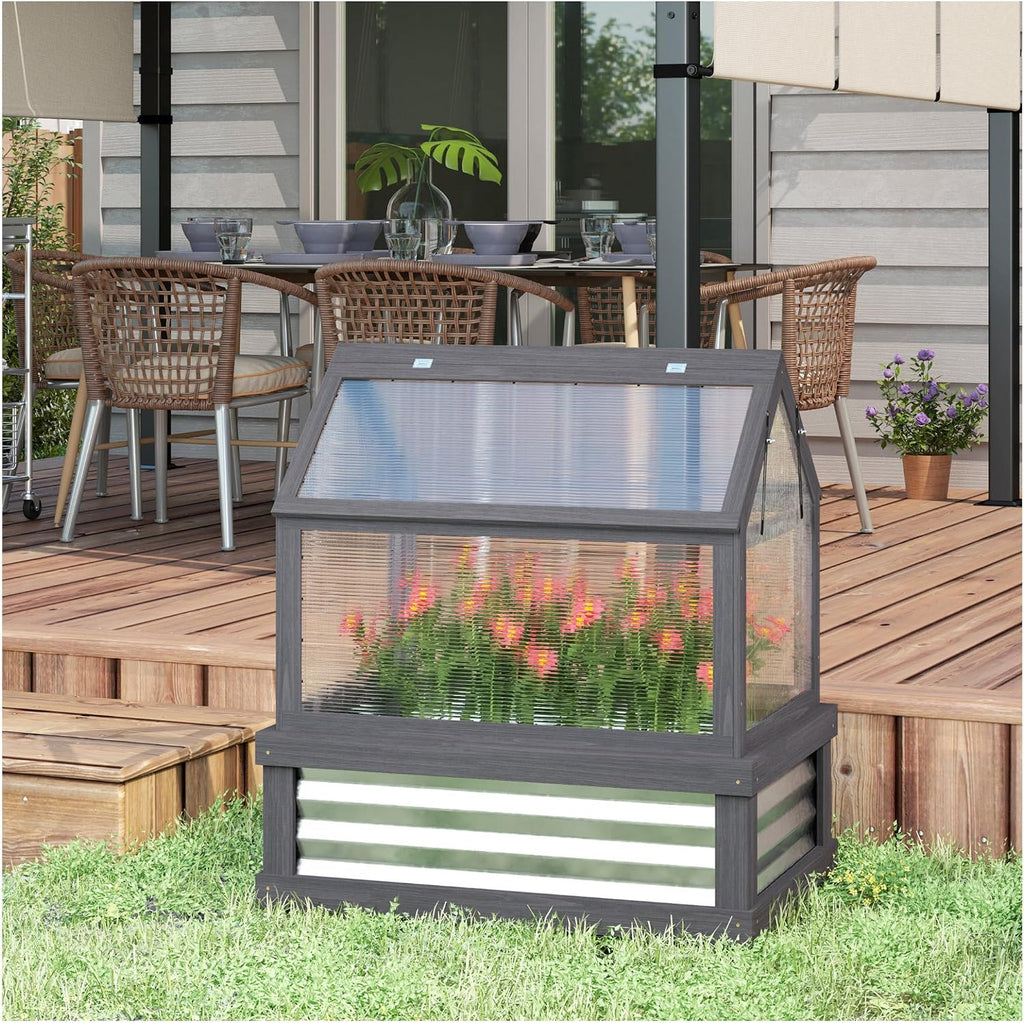 Raised Garden Bed with Greenhouse, Wooden Cold Frame Planter Kit, 35.5"x22.5"x38.25", Gray - Outdoor Plant Protector